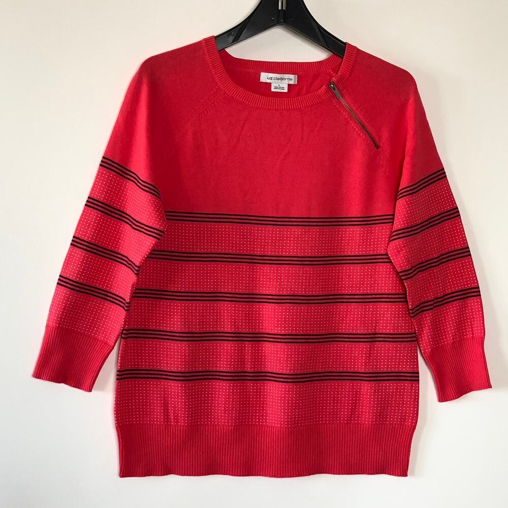 Liz Claiborne Large Sweater Cotton Zipper Detail Stripe Crew Neck